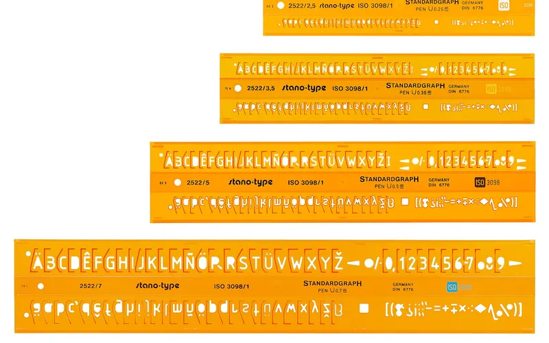 Lettering guides for technical drawings.