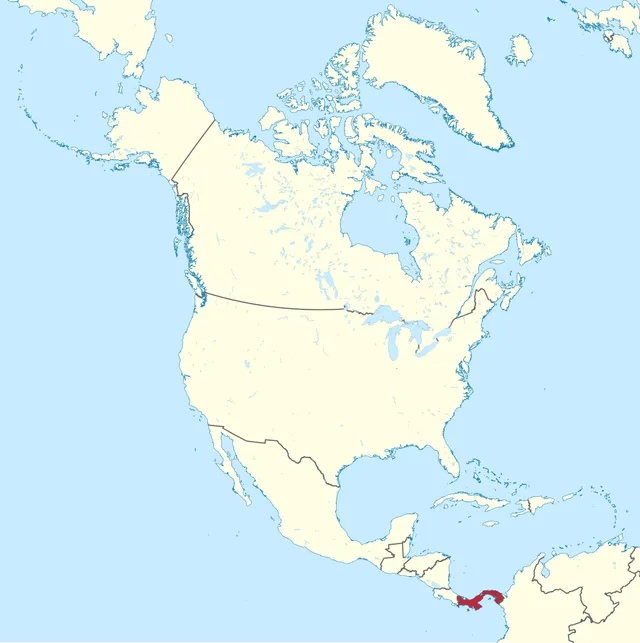Map of North America with the narrow southernmost country of Central America highlighted in red