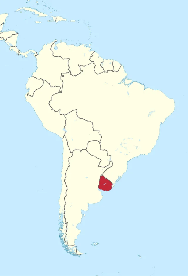 Map of South America with a small south-eastern country on the Atlantic highlighted in red