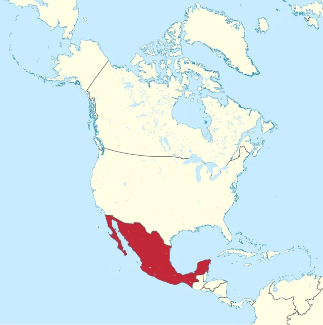 Map of North America with a large country south of the United States highlighted in red