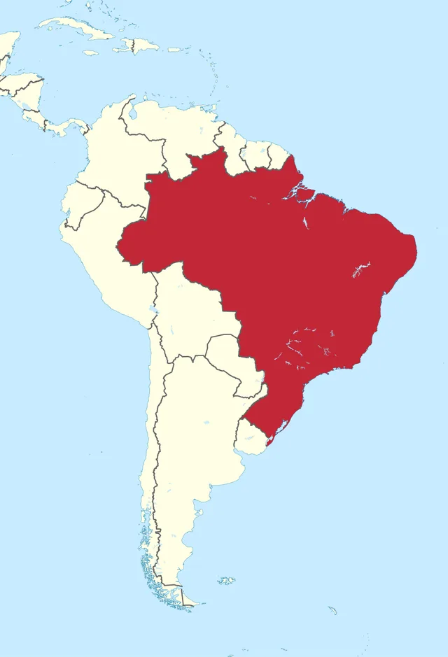 Map of South America with the largest, eastern country highlighted in red