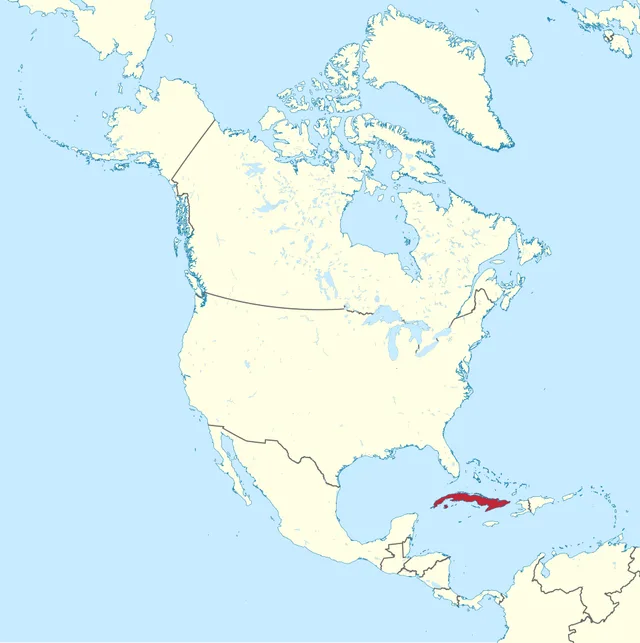 Map of North America with a long Caribbean island highlighted in red