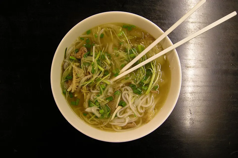 A bowl of noodle soup with herbs and sliced beef.