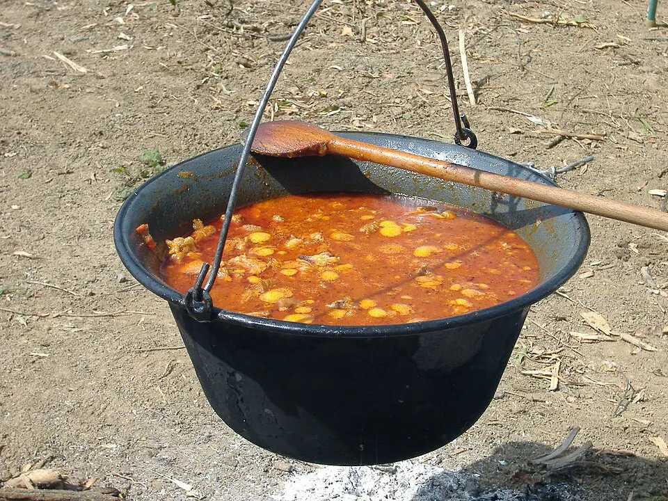 Red paprika-coloured stew cooking in a cauldron over an open fire.