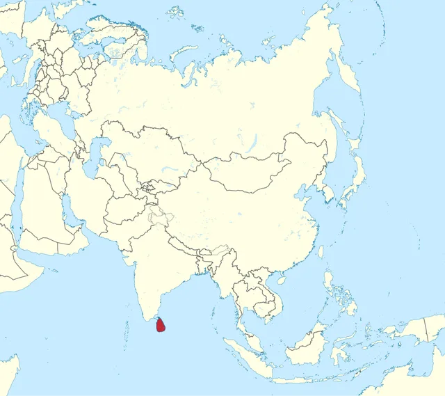 Map of Asia with a teardrop-shaped island in the Indian Ocean highlighted in red