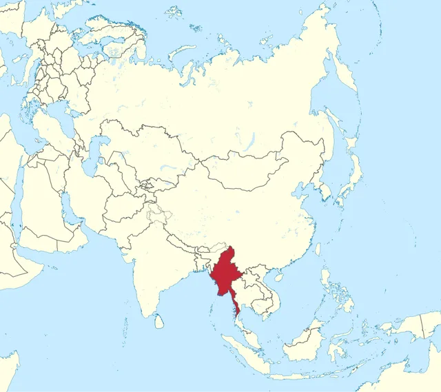 Map of Asia with a country on the Bay of Bengal's eastern shore highlighted in red