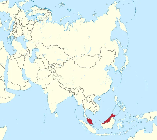 Map of Asia with a two-part South-East Asian country highlighted in red