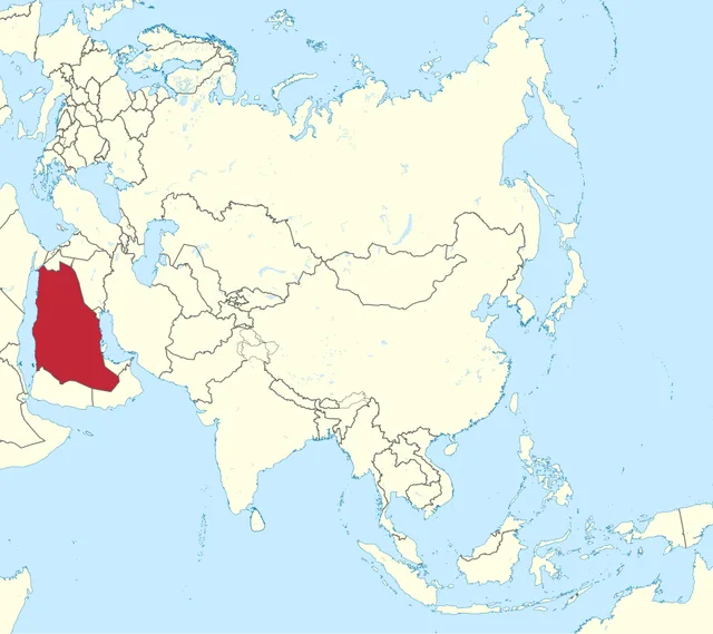 Map of Asia with a large country in the south-west highlighted in red
