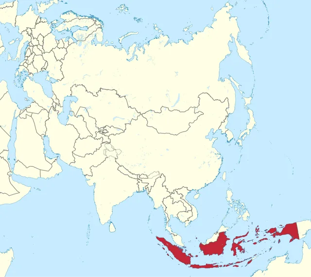Map of Asia with a long chain of south-eastern islands highlighted in red