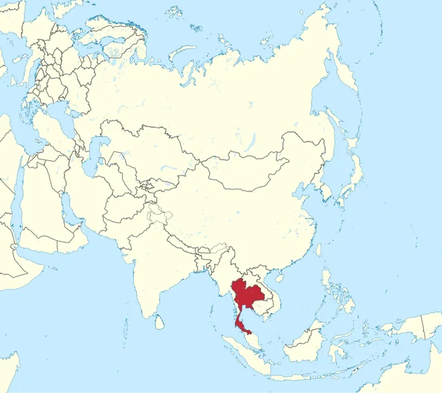 Map of Asia with a South-East Asian country with a long southern tail highlighted in red
