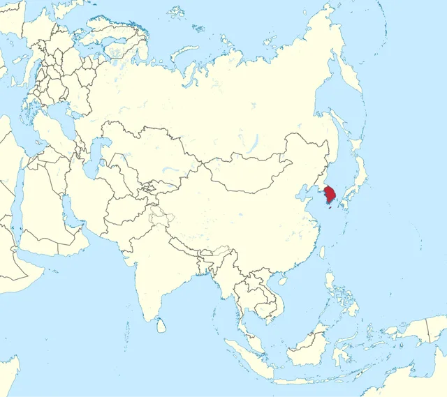 Map of Asia with the southern part of an eastern peninsula highlighted in red