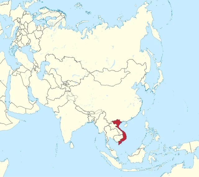 Map of Asia with a long, curving South-East Asian coastal country highlighted in red