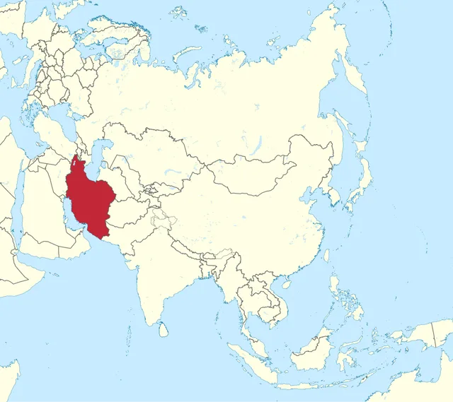 Map of Asia with a large country between the Caspian Sea and the Gulf highlighted in red
