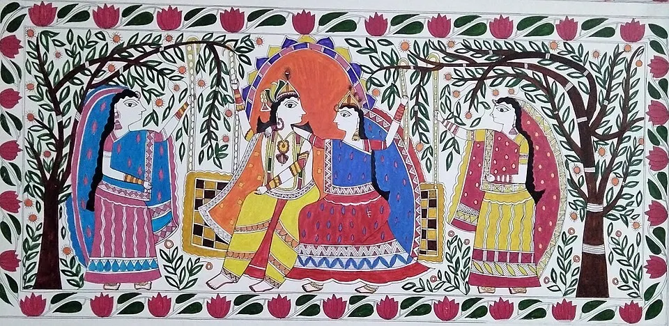 A colourful folk painting shows two crowned figures seated on a swing between two women and leafy trees, framed by a border of red lotus flowers.