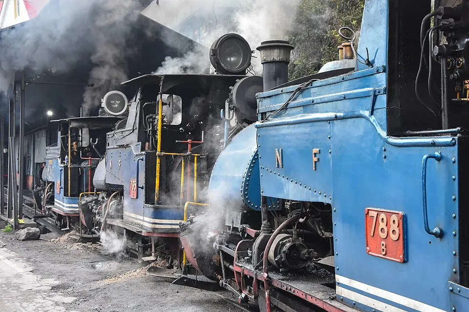 Small blue narrow-gauge steam locomotives puffing smoke inside a railway shed.