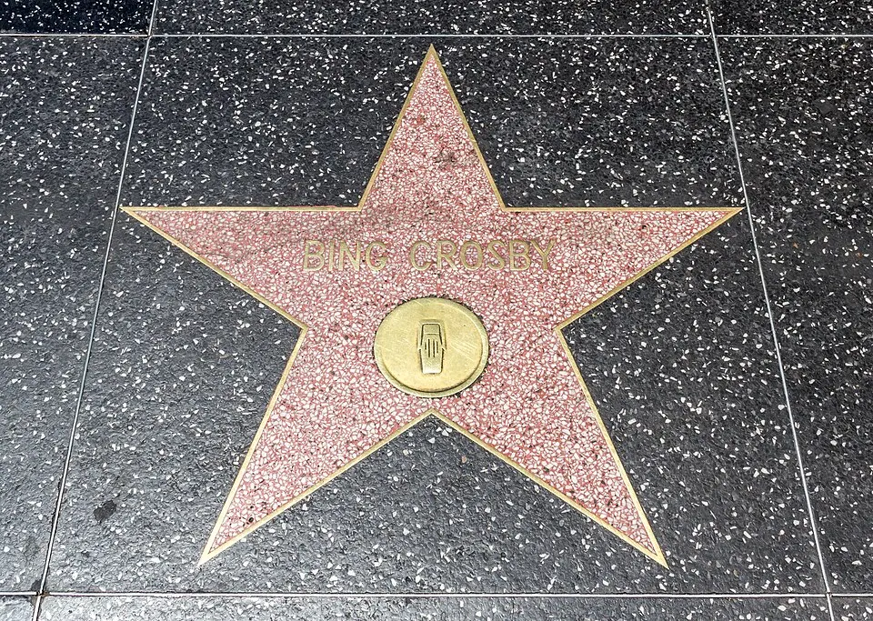 A pink terrazzo star with a brass name and a round gold emblem is set in a dark speckled pavement.