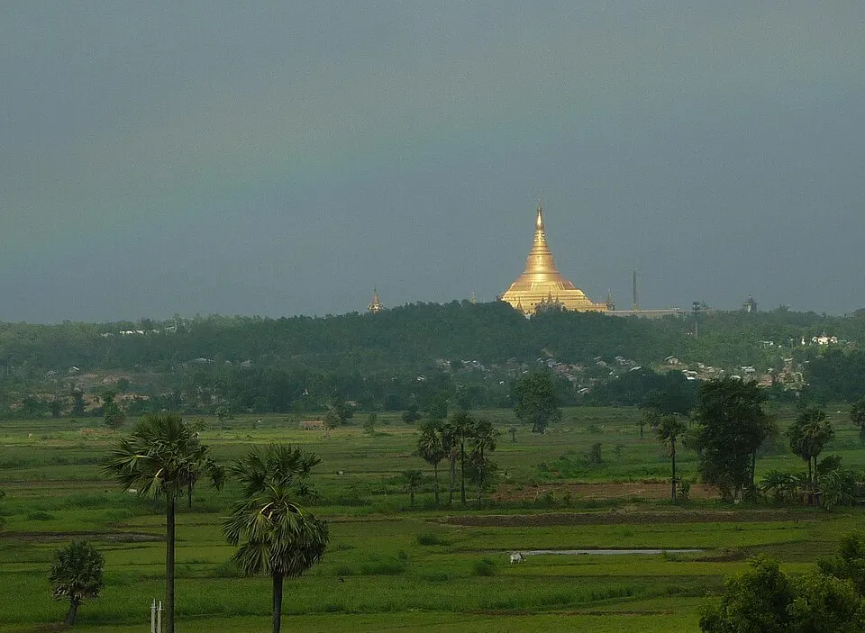 A huge golden pagoda lit against the evening sky.