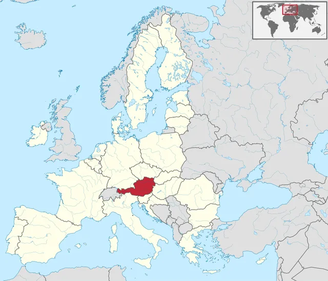 Map of the European Union with a landlocked Alpine country highlighted in red