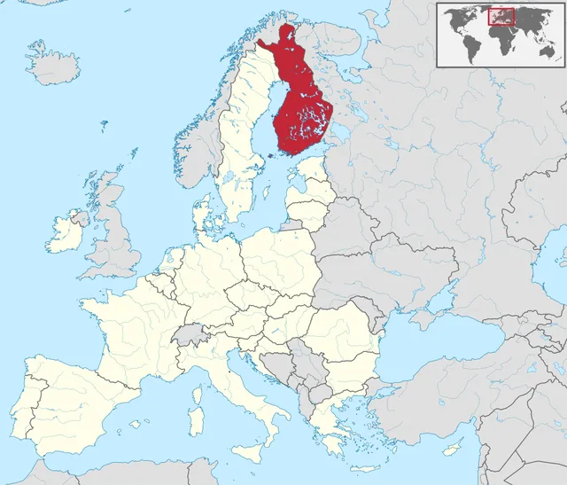 Map of the European Union with a north-eastern country between Sweden and Russia highlighted in red