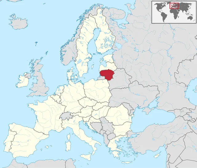 Map of the European Union with the southernmost of three small Baltic countries highlighted in red