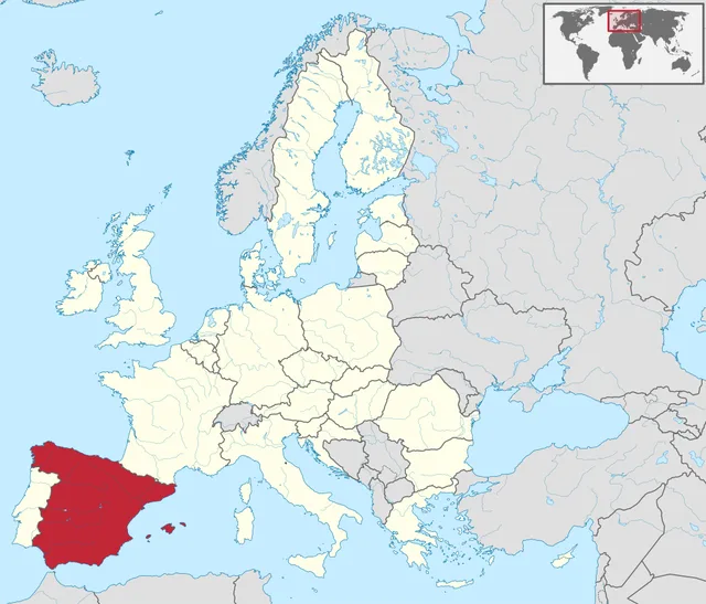 Map of the European Union with the larger country of a south-western peninsula highlighted in red
