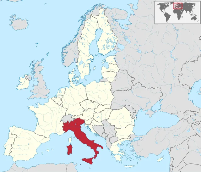 Map of the European Union with a boot-shaped southern country highlighted in red
