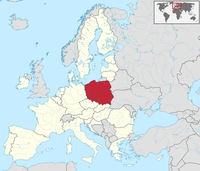 Map of the European Union with a large country on the Baltic coast in central Europe highlighted in red