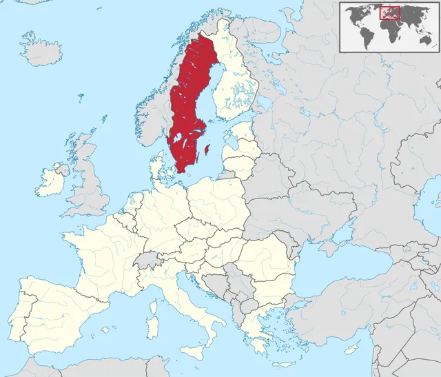 Map of the European Union with a long Scandinavian country highlighted in red