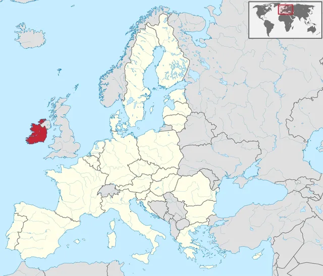 Map of the European Union with a country on a north-western island highlighted in red