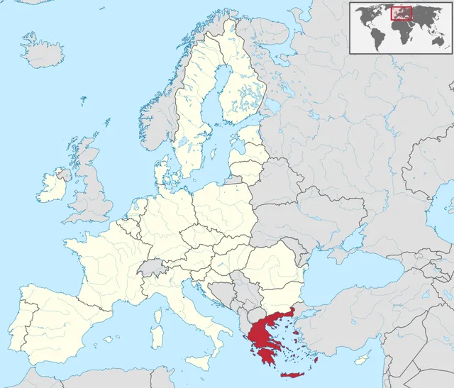 Map of the European Union with a south-eastern peninsula country and its islands highlighted in red