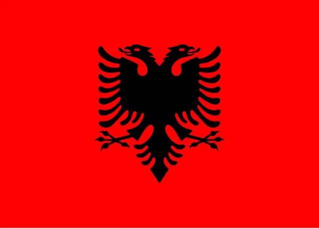 Red flag with a black two-headed eagle in the centre