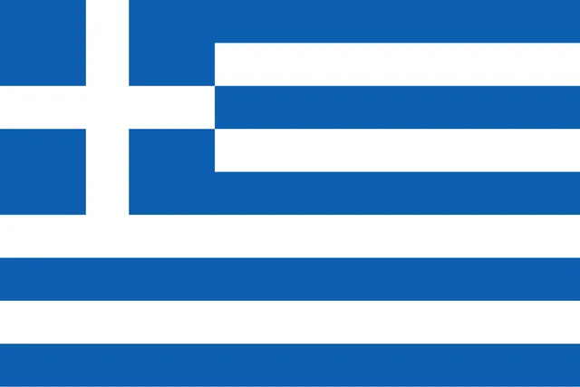 Nine horizontal blue and white stripes, with a white cross on a blue square in the top-left corner