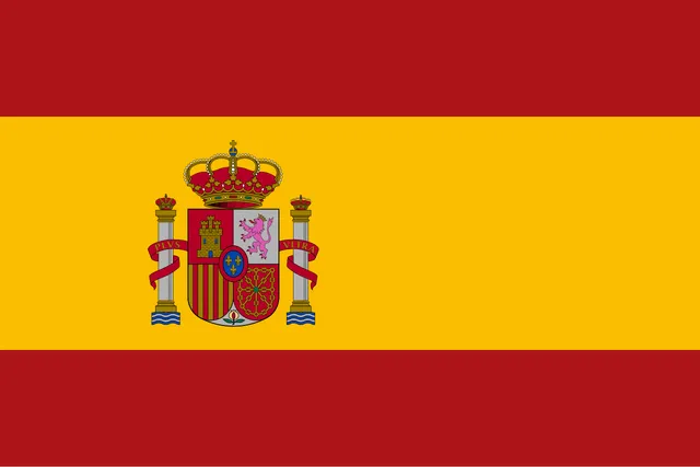 Red, yellow and red horizontal bands with a coat of arms toward the left