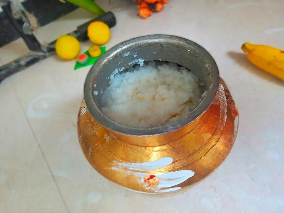 A clay pot boiling over, decorated with turmeric and sugarcane.