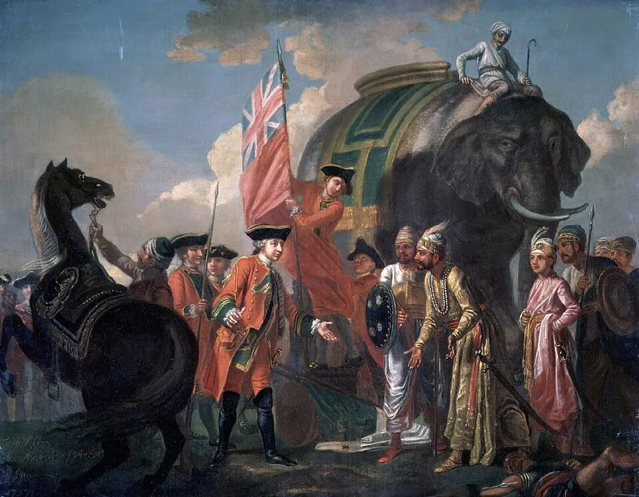 An old oil painting of a man in a red coat greeting a richly dressed man in front of a large elephant.