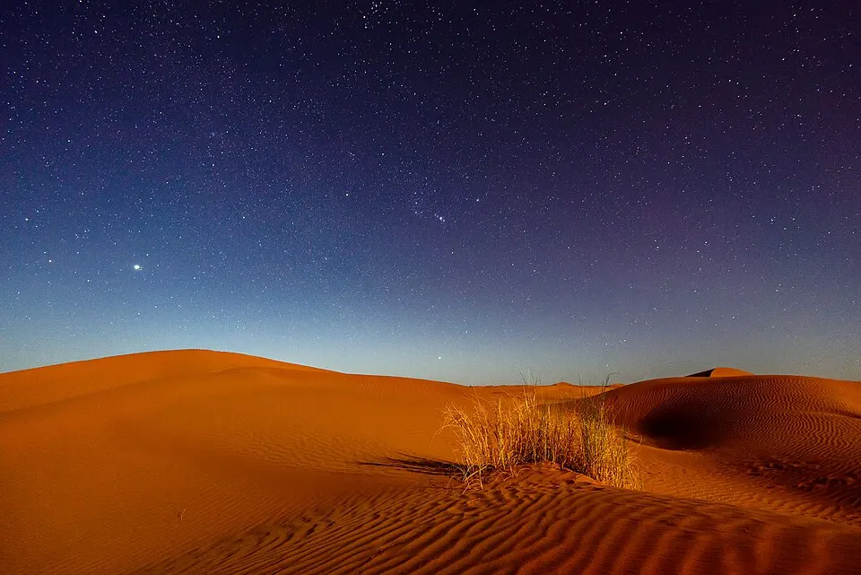 Orange sand dunes under a starry night sky.