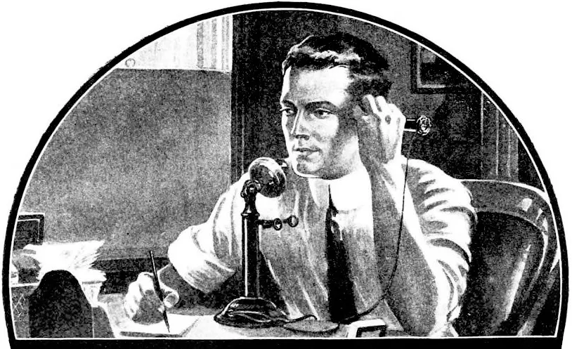 Black-and-white illustration of a man at a desk speaking into an old tall candlestick-style telephone.