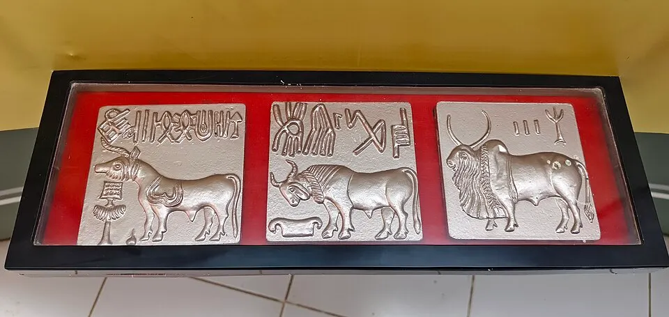Three silver square plaques showing carved bulls with lines of small symbols above them, in a display case.