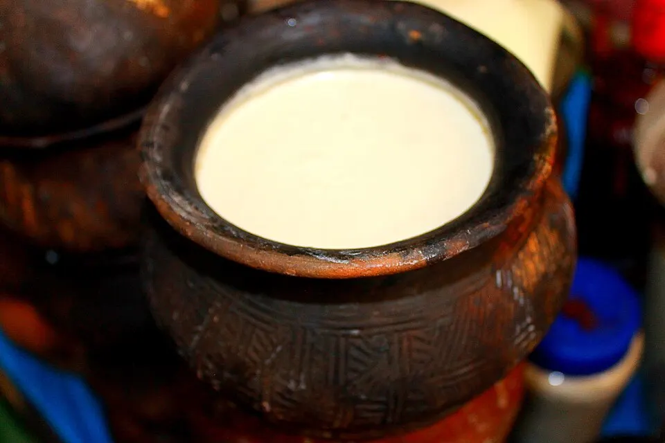 A round clay pot with carved patterns, filled to the brim with thick white creamy liquid.