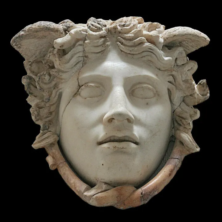A white marble relief of a woman's face with wings above the brow and a ring of snakes around it, against black.
