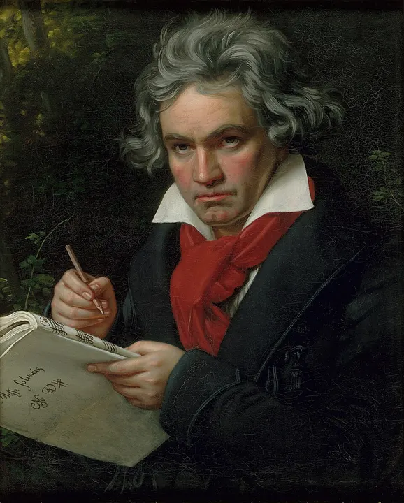 A painted portrait of a stern man with wild hair in a dark coat.