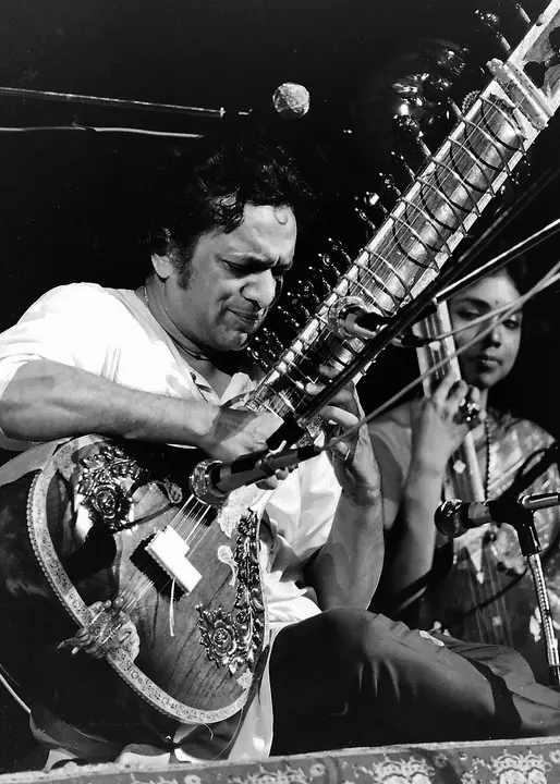 A man playing a sitar on stage.
