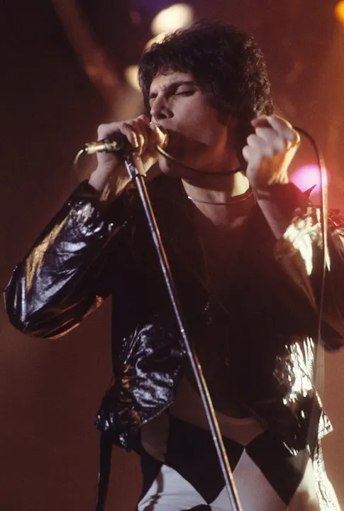 A man with a moustache singing on stage.