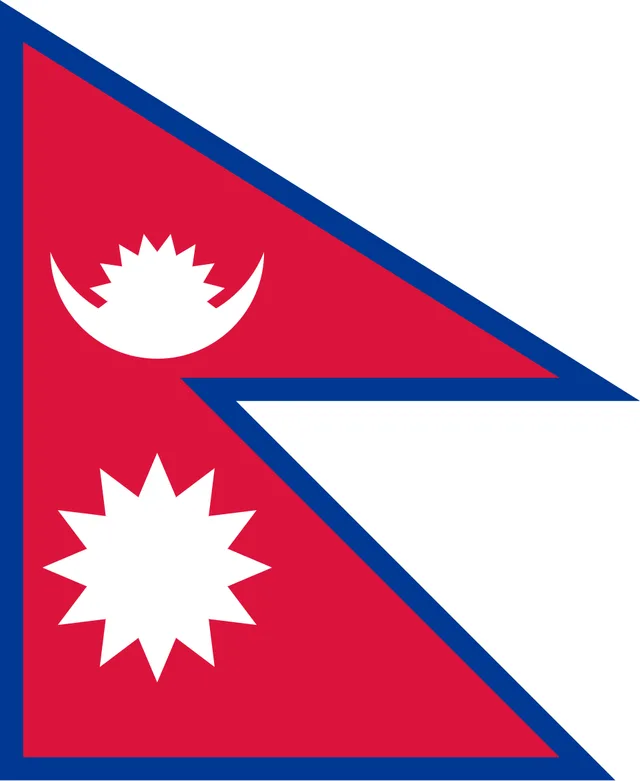 Crimson flag made of two stacked triangles with white moon and sun symbols