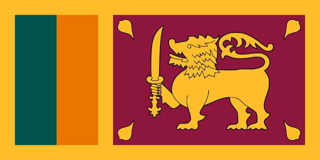 Maroon panel with a golden lion holding a sword, beside green and orange stripes