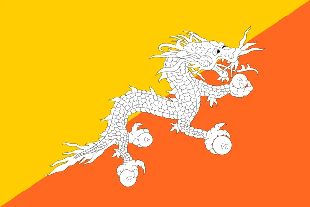 Flag split diagonally into yellow and orange with a white dragon across the middle