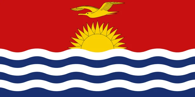 Flag with a red top half showing a gold bird and sun, and blue and white waves below