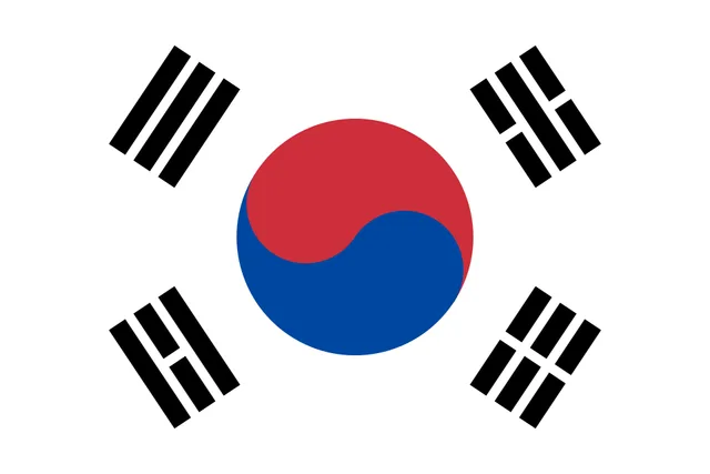 White flag with a red and blue circle surrounded by four black bar symbols