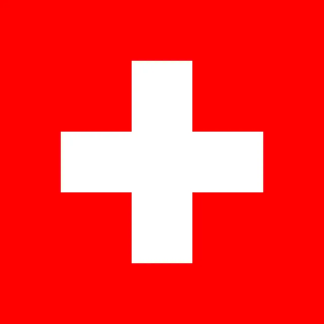 Square red flag with a white cross in the centre