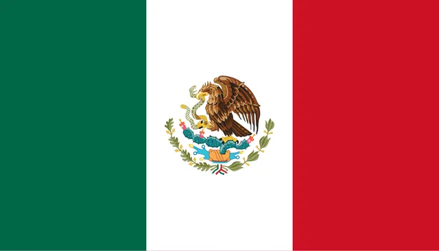Green, white and red vertical tricolour with an eagle emblem in the centre